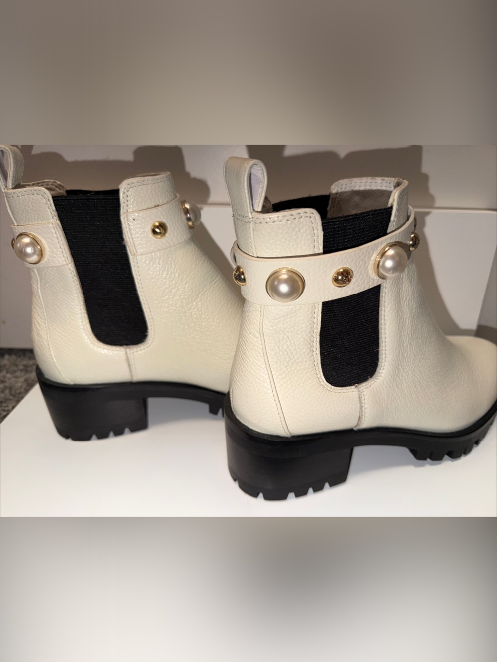 Karl Lagerfeld Cream Leather Chelsea Booties with Pearl & Gold Studs